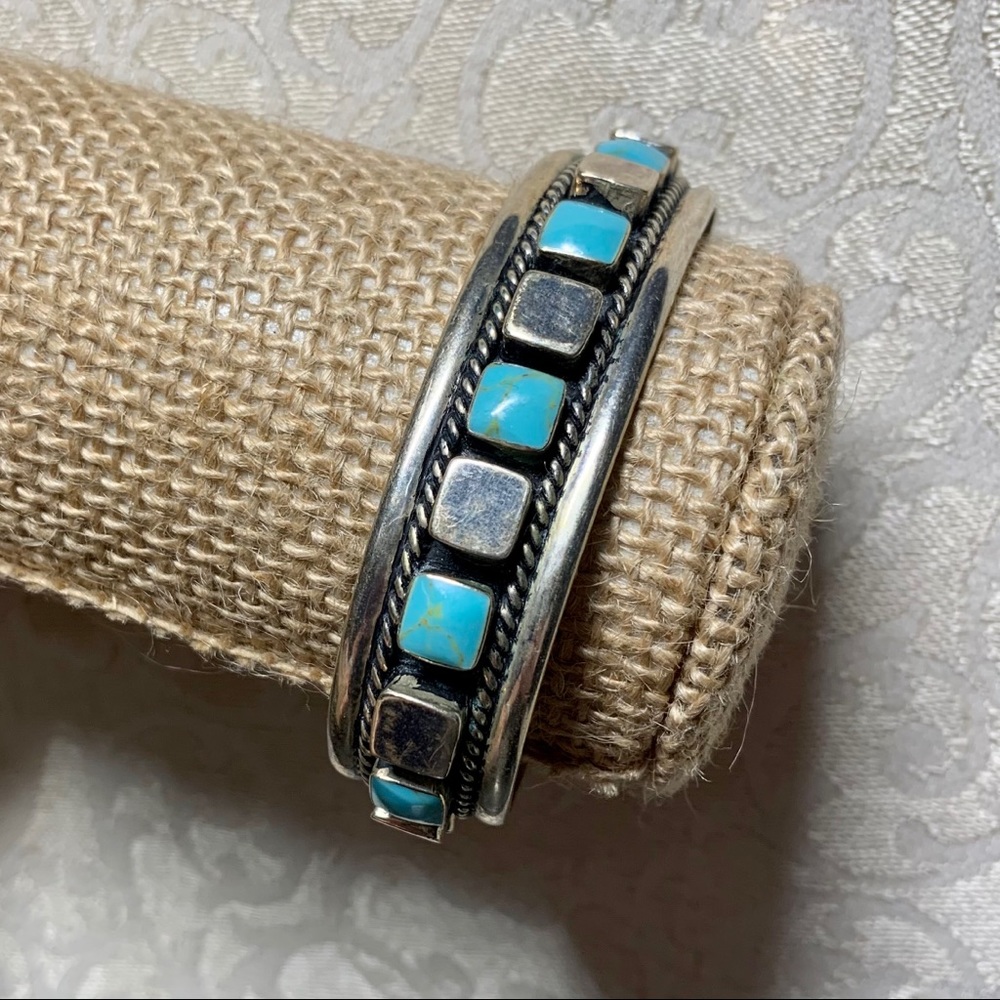 Sterling Silver Taxco Turquoise Cube Cuff Bracelet
